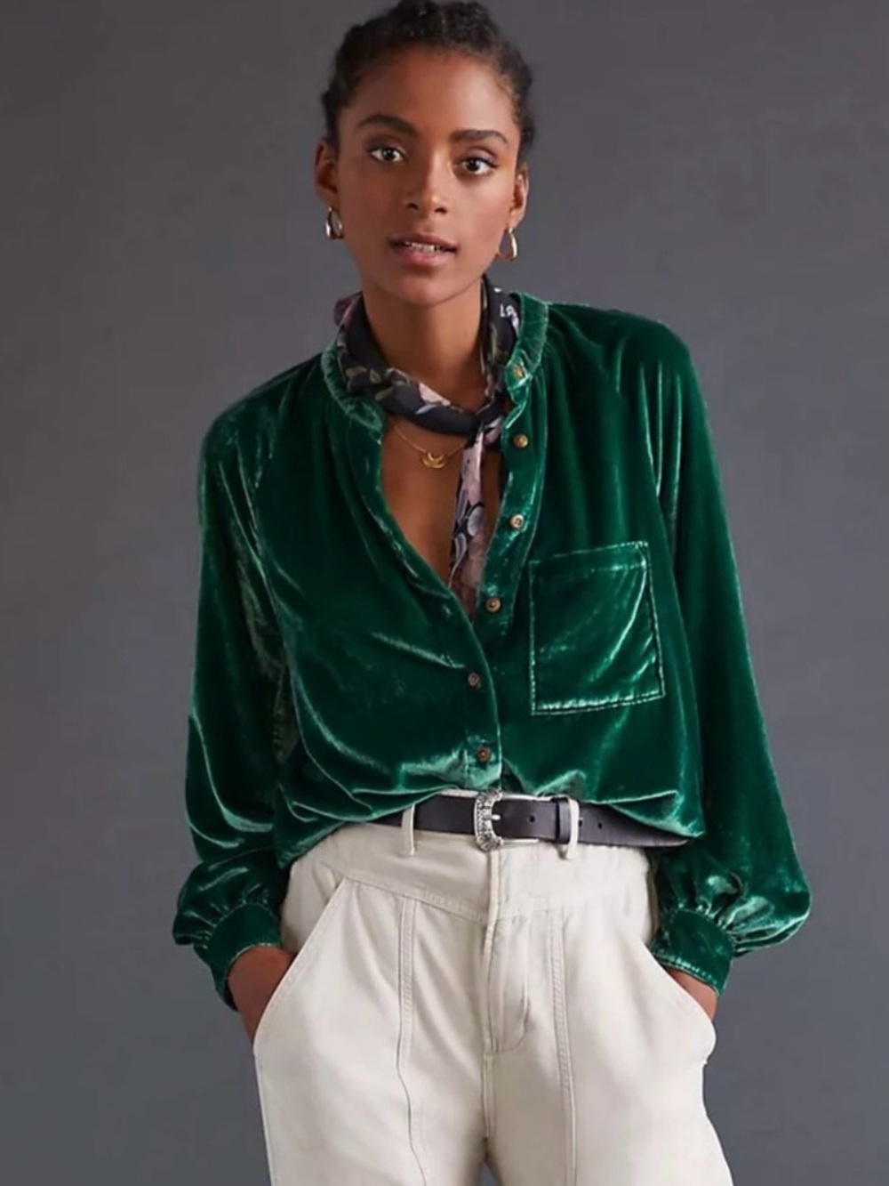 Pilcro for Anthropologie Emerald Green Puff-Sleeved Velvet Buttondown, Size SP